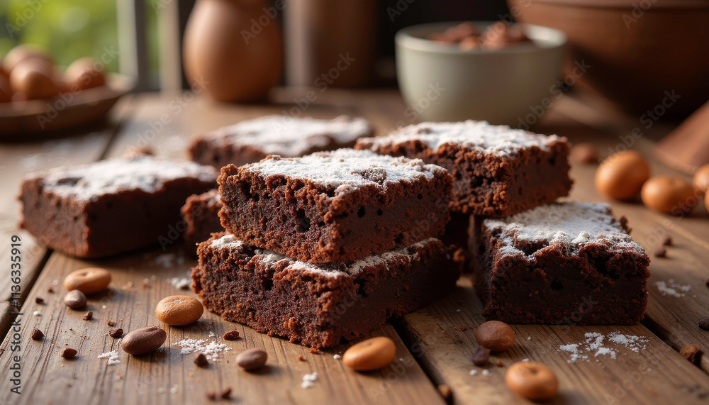 A close-up Chocolate spongy brownies with nuts on a rustic dark wooden table