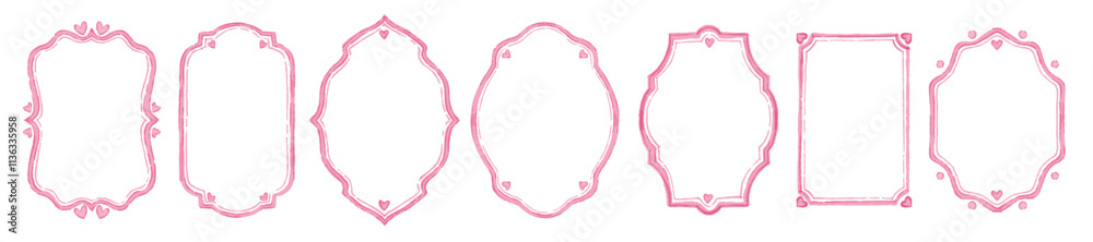 Love doodle frame set, cute Valentine day border, vector watercolor pink heart wedding card design. Hand drawn elegant minimal decor collection, romantic shield. Coquette love frame invitation print
