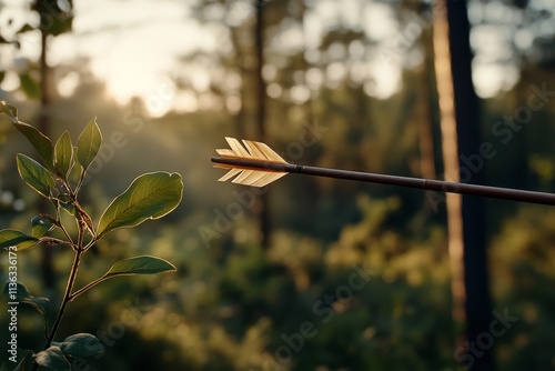 An arrow frozen in mid-flight pierces through sunlight-drenched forest foliage, symbolizing precision, focus, and the suddenness of nature's movements.