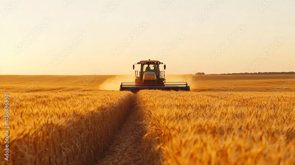 Fototapeta premium Farmer Driving Combine Harvester Through Golden Wheat Field at Sunset