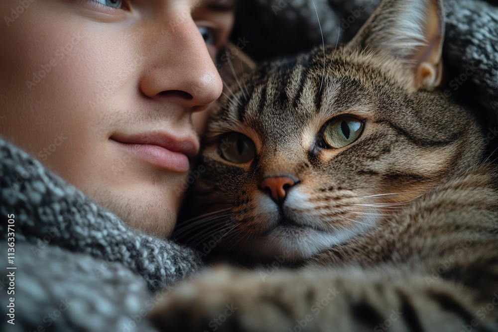 Cat shows affection to owner while cuddling in warm blanket Cat shows affection to owner while cuddling in warm blanket