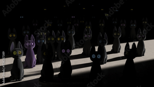 A Bunch of Different Eye Colored Black Cats Sitting in a Dark Room Staring at You