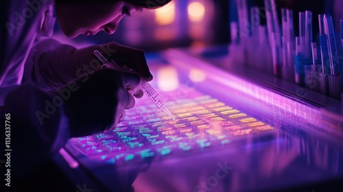 Genetics lab: researcher examining DNA electrophoresis results on a light box, pipettes and buffers neatly arranged