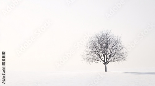 Bare tree standing alone in a snowy field during winter