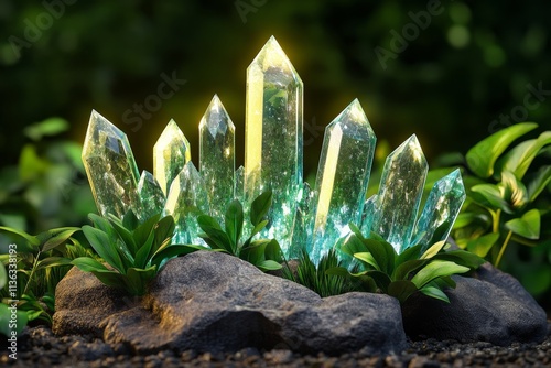 A 3D-rendered scene of a glowing crystal cave, with adventurers marveling at the sparkling formations and luminescent flora