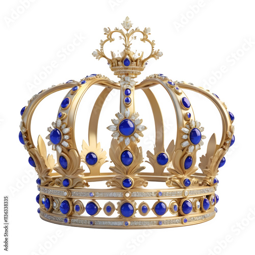 oyal Golden Crown with Blue Gemstones, Intricate Regal Design, Transparent Background, Luxurious Monarchical Symbol photo