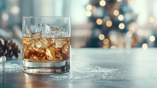 A glass of whiskey with ice cubes rests on a table, surrounded by soft focus holiday lights, creating a warm and inviting festive atmosphere for relaxation. photo