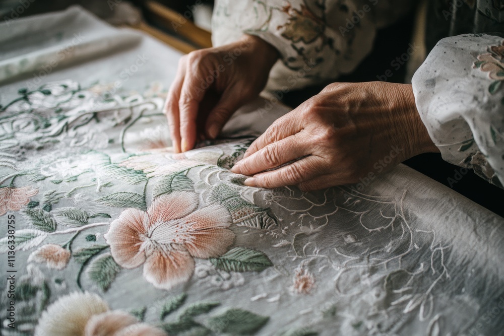 Skilled hands embroider a floral pattern on delicate fabric, showcasing a blend of tradition and craftsmanship. Skilled hands embroider a floral pattern on delicate fabric, showcasing a blend of tradition and craftsmanship.