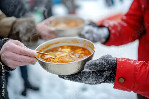 Volunteers distribute hot soup to nourish the community on a frigid winter day