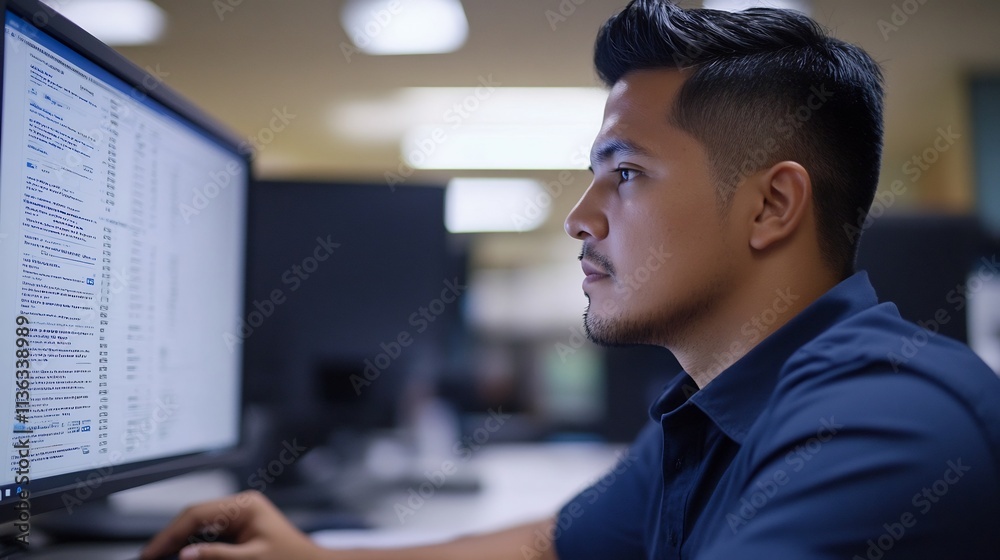 Employee Reviewing Financial Details on Computer Screen Employee Reviewing Financial Details on Computer Screen