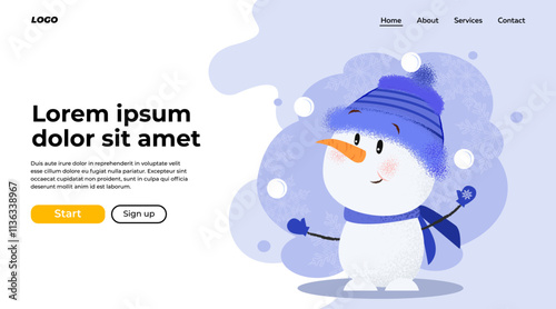 Cute snowman landing page design. Drawing of snowman in blue knitted hat and scarf with snowballs. Christmas, holiday can be used for website or banner