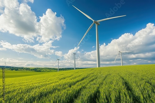 Windmills standing tall against a bright blue sky and lush green fields