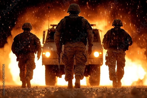 A cinematic explosion in a desert warzone, with armored vehicles and soldiers silhouetted against the fiery backdrop