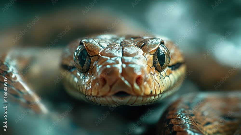 This image showcases a close-up of a snake's face displaying its detailed scales and piercing eyes, evoking a sense of both fear and fascination in the observer. This image showcases a close-up of a snake's face displaying its detailed scales and piercing eyes, evoking a sense of both fear and fascination in the observer.