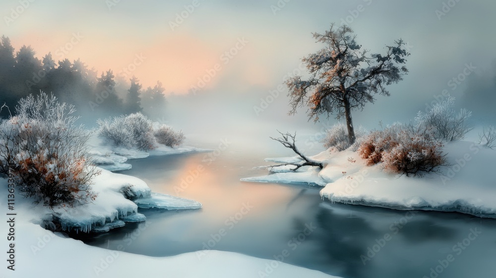 Serene Winter River with Ice and Frosty Landscape Serene Winter River with Ice and Frosty Landscape