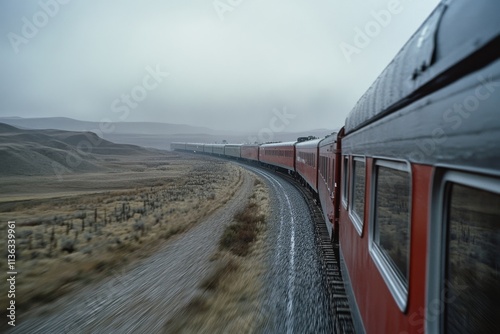 A red train snakes through a misty mountain valley, winding along the tracks, evoking a sense of journey and discovery through the serene landscape. photo