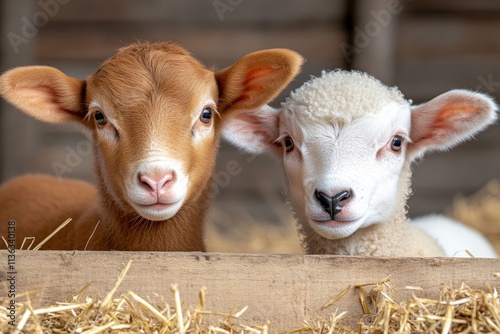 A close-up of a ewe standing next to a calf in a farmyard, both looking curiously at the camera