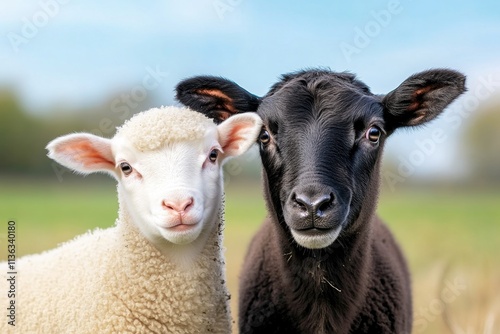 A close-up of a ewe standing next to a calf in a farmyard, both looking curiously at the camera