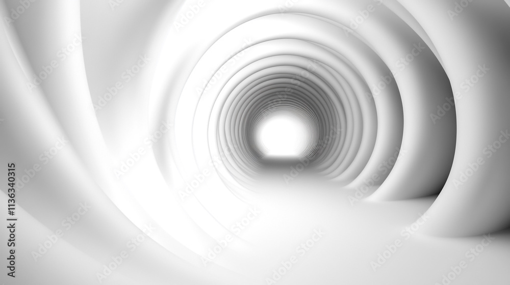 Spiral tunnel with soft white curves leading to a bright opening in the distance Spiral tunnel with soft white curves leading to a bright opening in the distance