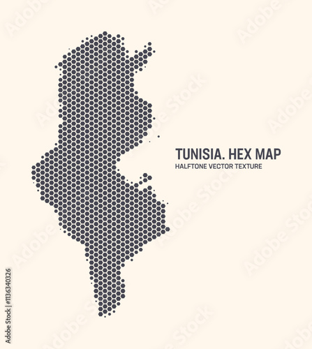 Tunisia Map Vector Hexagonal Halftone Pattern Isolate On Light Background. Hex Texture in the Form of Map of Tunisia. Modern Technologic Military Contour Map of Tunisia for Design or Business Projects