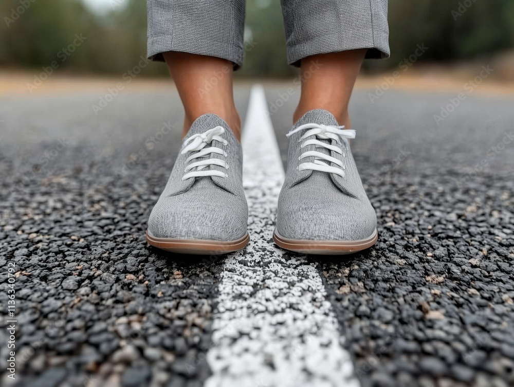 Casual Footwear on a Road with Pale Stones and Green Background Casual Footwear on a Road with Pale Stones and Green Background