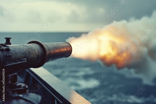 A historic cannon fires over the ocean, illuminating the misty dawn with its fiery discharge, as clouds loom on the horizon.