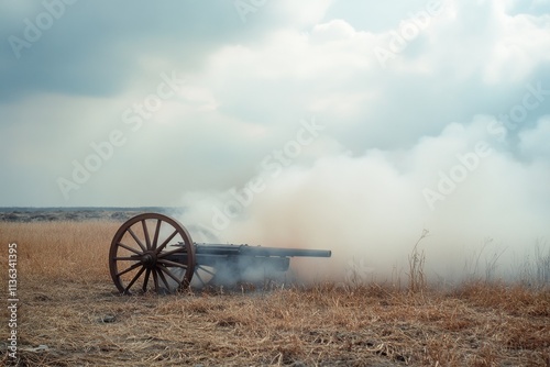 A lone cannon sits on a barren field, surrounded by a hazy fog, evoking a sense of historical stillness and impending action. photo