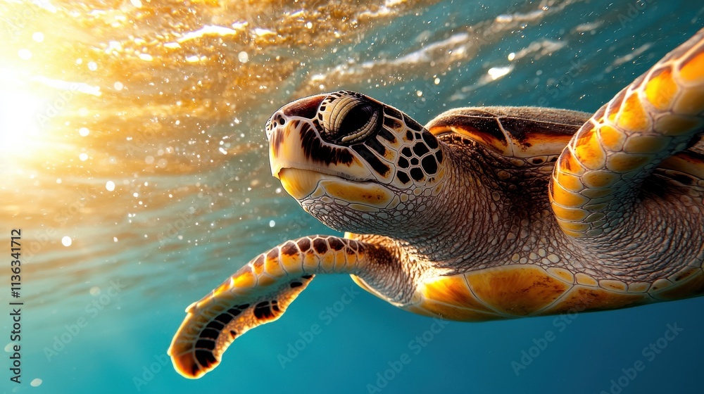 Obraz premium Sea Turtle Emerging Near Sunlit Water Surface
