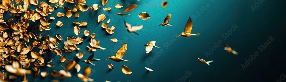 Obraz premium An ethereal scene featuring golden, shimmering butterflies floating against a serene turquoise background.