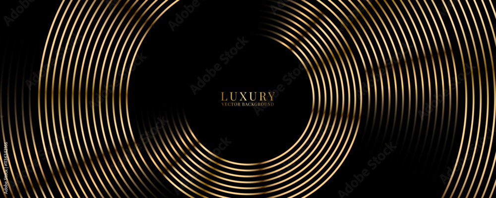 3D golden luxury abstract background overlap layer on dark space with circles lines decoration. Modern graphic design element stripes style concept for web banner, flyer, card, or brochure cover 3D golden luxury abstract background overlap layer on dark space with circles lines decoration. Modern graphic design element stripes style concept for web banner, flyer, card, or brochure cover