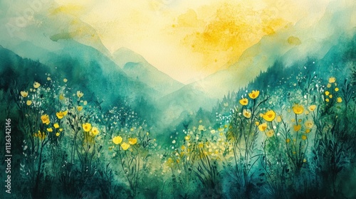 Vibrant Springtime Meadow in Watercolor Wash