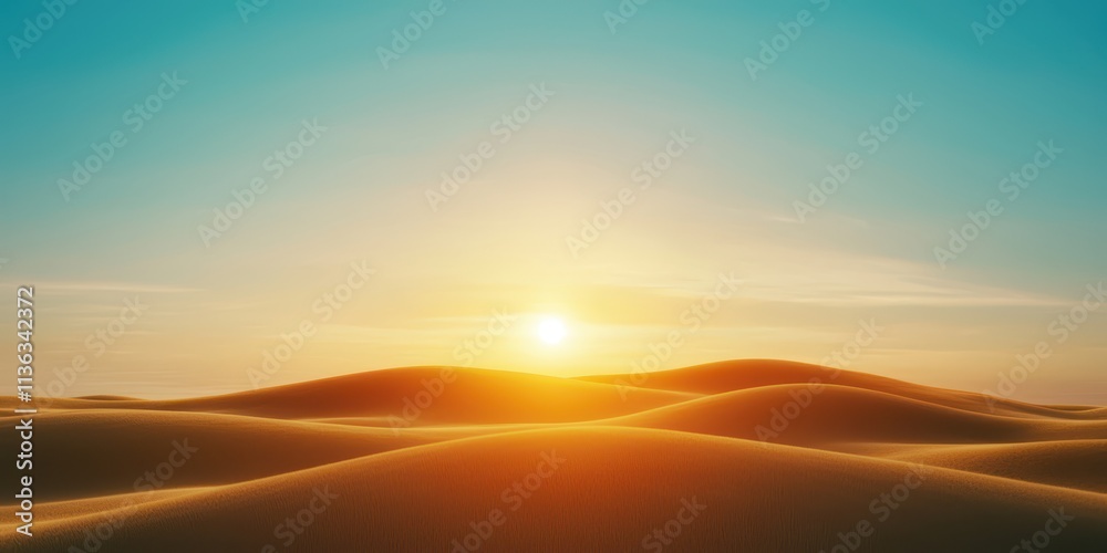 Obraz premium A serene landscape featuring rolling sand dunes under a vibrant sky, illuminated by a warm sunset.