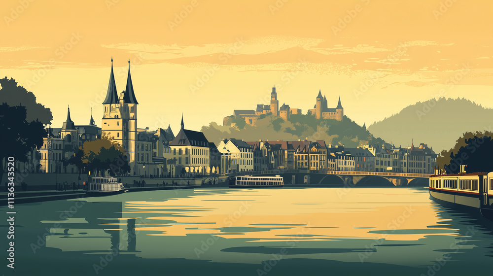 Fototapeta premium Illustration, Cityscape of Koblenz at the Moselle and Rine, Germany, touristic advertisement poster. Must-see touristic spot ,Mockup for touristic poster, advertisement. Beautiful travel destination, 