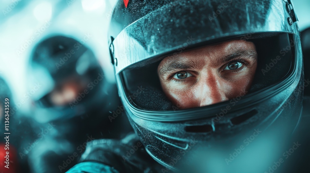 An individual's face is seen with intense focus through a helmet during a competitive race, capturing the essence of concentration and determination.
