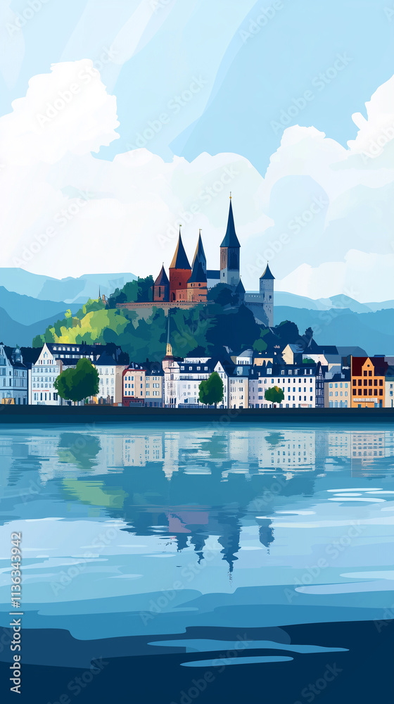 Obraz premium Illustration, Cityscape of Koblenz at the Moselle and Rine, Germany, touristic advertisement poster. Must-see touristic spot ,Mockup for touristic poster, advertisement. Beautiful travel destination, 