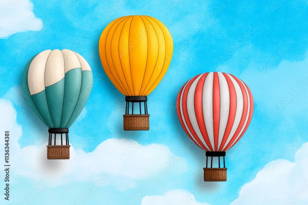 Naklejka premium A dreamy watercolor scene of a hot air balloon festival, with colorful balloons rising into a pastel-hued sky