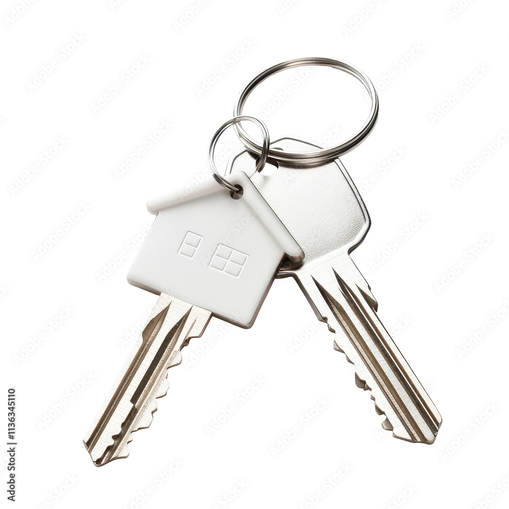 A set of two silver house keys with a small white house-shaped keychain, isolated on a clean white background, symbolizing home ownership and real estate.

