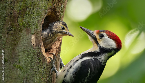 Baby Woodpecker Peeks from Tree Hollow as Mother Stands Watchful Nearby