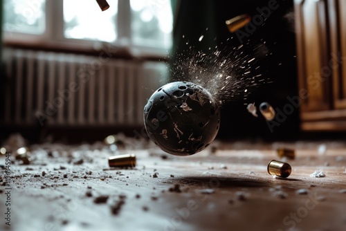 A projectile hurtles through a room, shattering debris in its path, creating a dynamic and intense scene of destruction and motion. photo