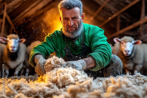 A farmer shearing a ewe in a barn while cattle look on curiously from an open door