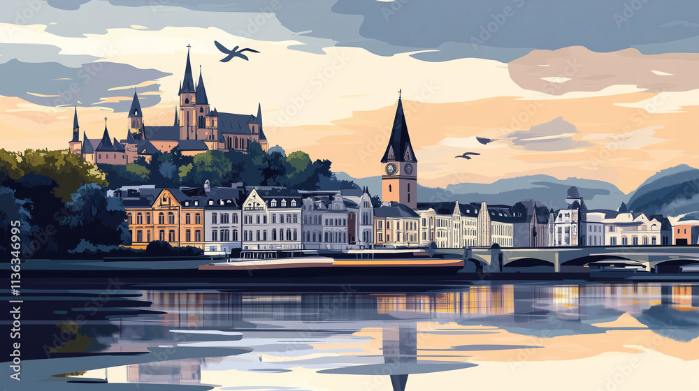 Obraz premium Illustration, Cityscape of Koblenz at the Moselle and Rine, Germany, touristic advertisement poster. Must-see touristic spot ,Mockup for touristic poster, advertisement. Beautiful travel destination, 
