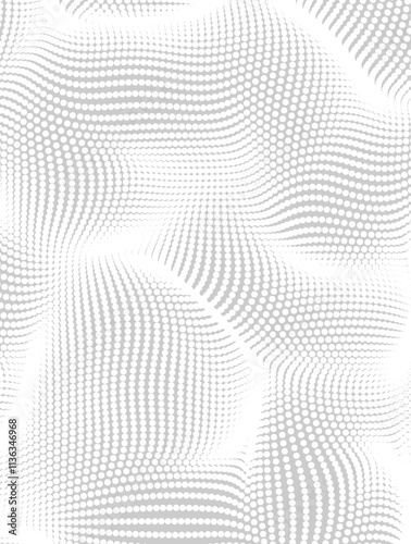 Soft wavws halftone dots background. Bubbles surface point texture. Abstract wavy dotted wallpaper. Distorted wavy web surface, gradient spotted digital white pattern. Vector