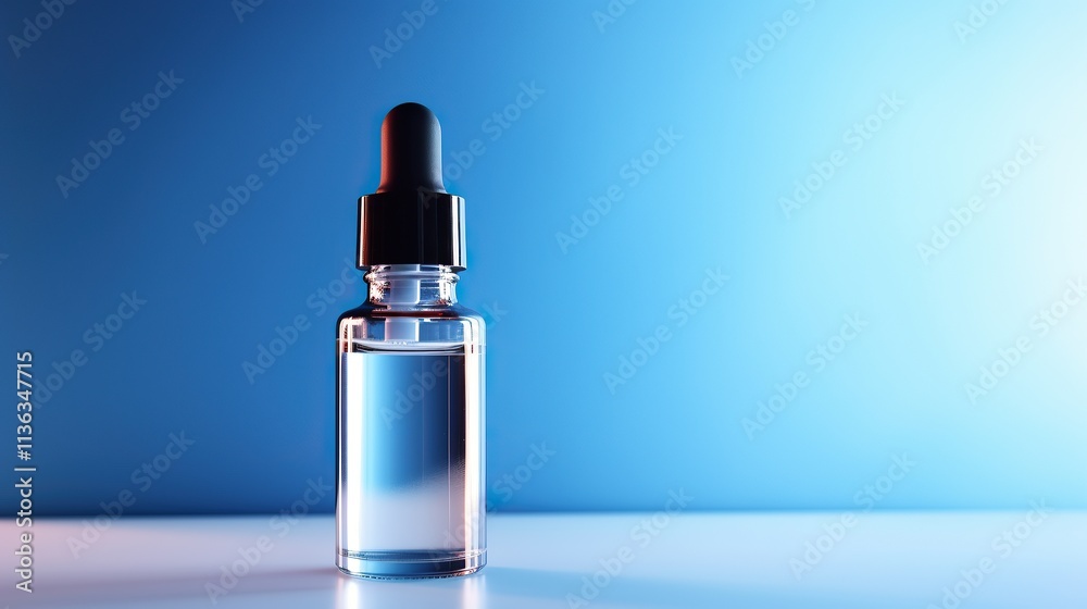 Glass Bottle with Dropper on Blue Background Glass Bottle with Dropper on Blue Background
