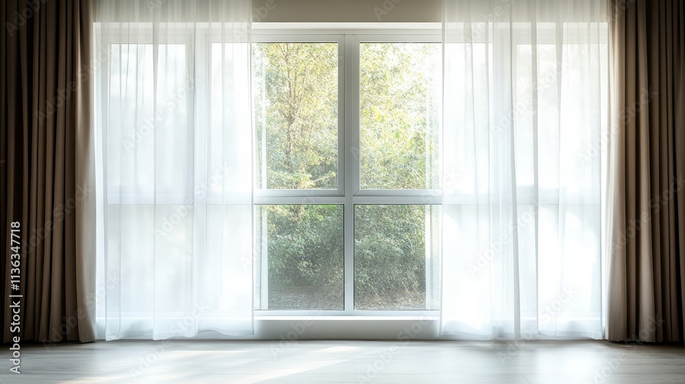 Elegant, light curtains softly frame a window view of lush greenery outside, merging indoor comfort with outdoor tranquility in soft, diffused light. Elegant, light curtains softly frame a window view of lush greenery outside, merging indoor comfort with outdoor tranquility in soft, diffused light.