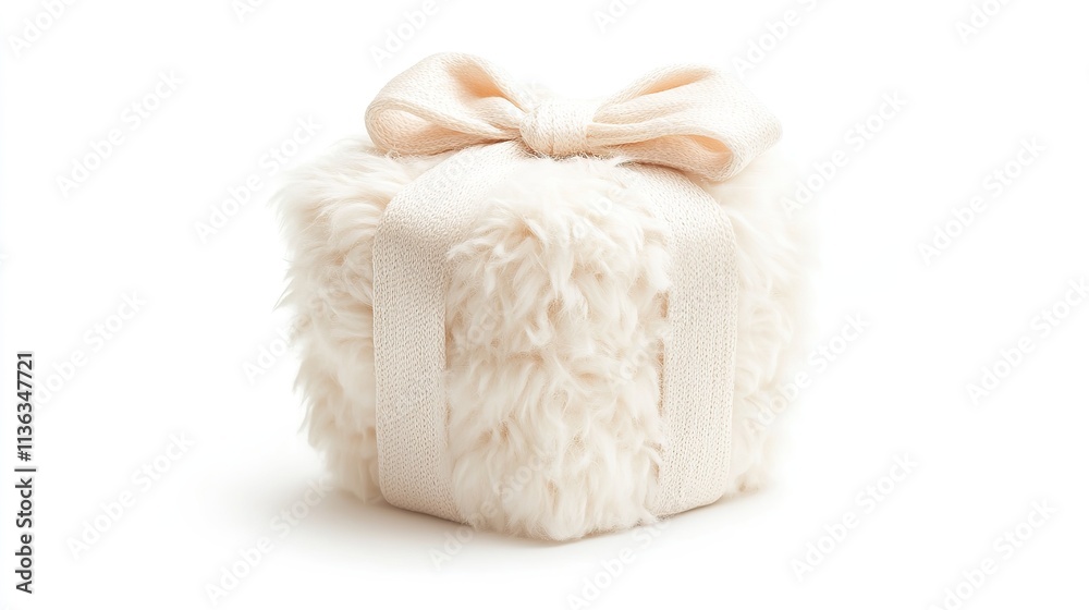 Obraz premium Cozy Knitted-Textured Christmas Gift Box with Bow on White Background