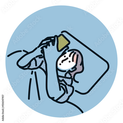 シンプル　イラスト　寝る前にスマホをさわる女性