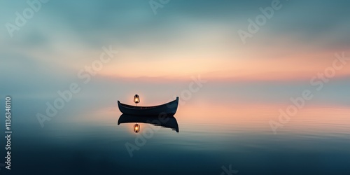 Serene Boat on Calm Water at Dusk with Soft Mysterious Colors photo