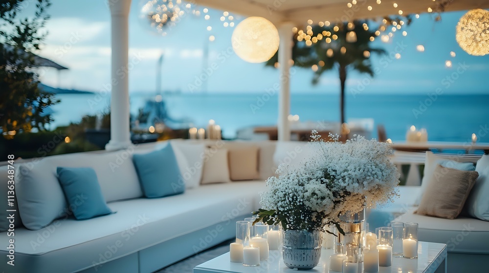 Coastal house New Year party with ocean views, light blue and white decor and a festive setup for an evening of music, laughter and joy Coastal house New Year party with ocean views, light blue and white decor and a festive setup for an evening of music, laughter and joy