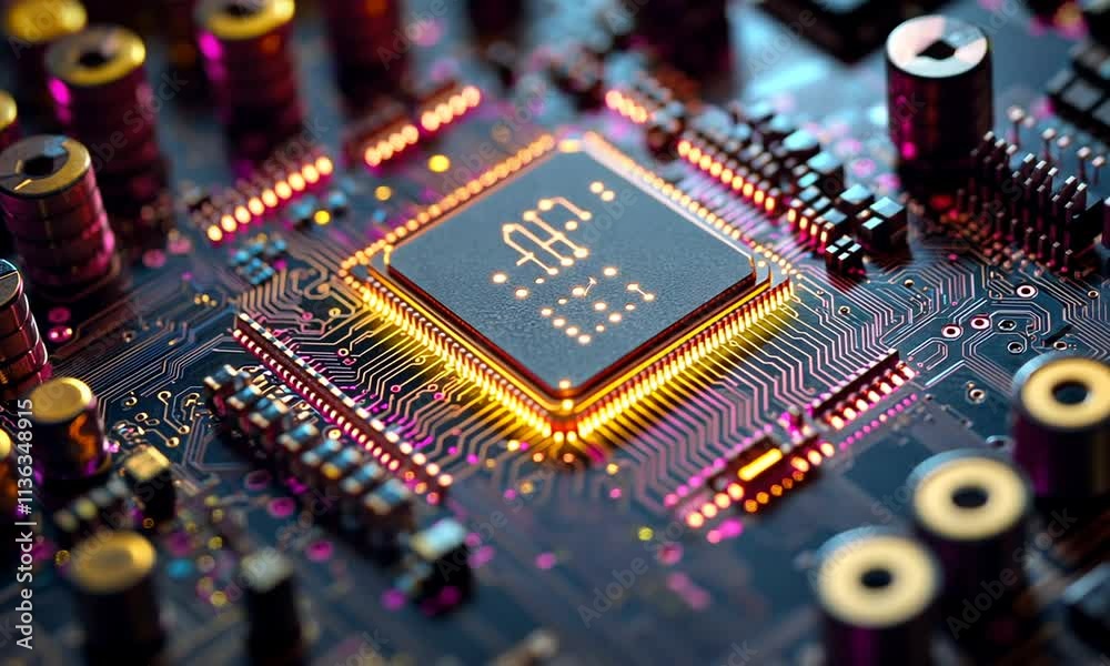 Close-up of a microchip on a circuit board.