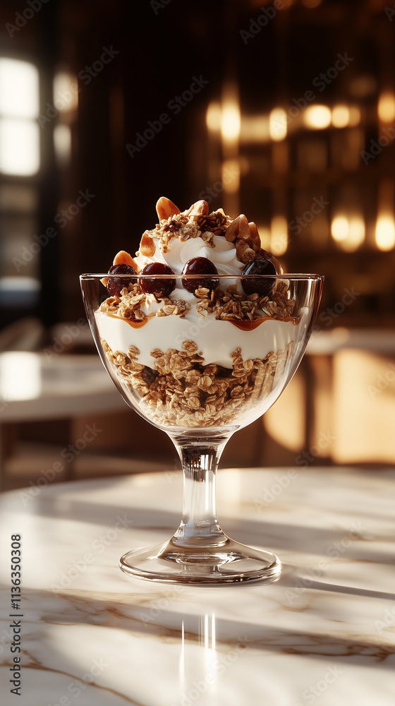 Close-up of yogurt parfait topped with granola, fresh strawberries, and blueberries Close-up of yogurt parfait topped with granola, fresh strawberries, and blueberries